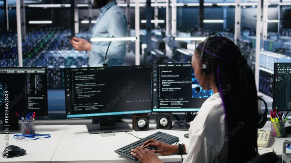 Poster data center software developer using ai assistant to provide user technical support. server farm it 