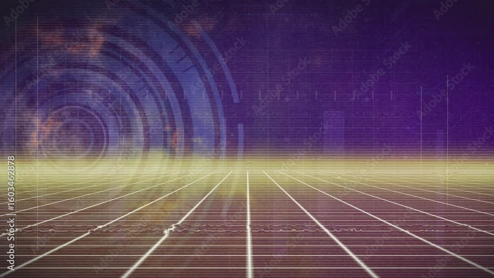 Poster opening glow pulsing grid stretching to horizon, rings rotating and waveforms fading for data view