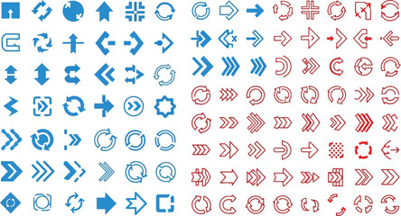 Vector art of a diverse set of blue and red arrow icons for navigation and design, isolated on white background