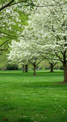 Lush spring trees, white blossoms, green lawn