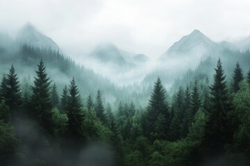 AI produced a mountain forest scene with high, mystical trees set against a grim, foggy background