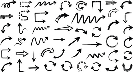 Vector art of a diverse collection of handdrawn arrow illustrations, isolated on white background, showcasing various directions, styles, and shapes for use in graphic design and wayfinding