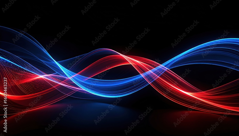 Poster abstract digital wave pattern with red and blue glowing lines against black background