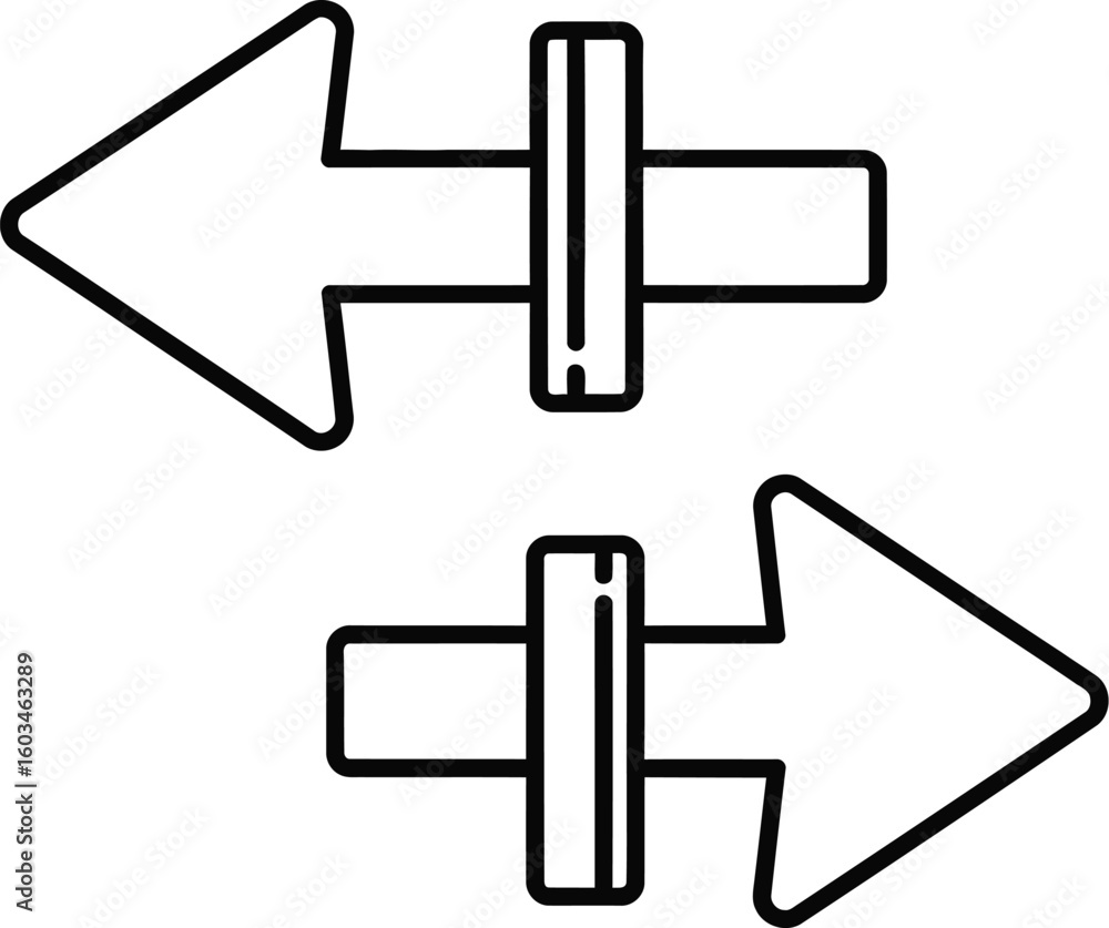 Poster vector art of two black arrow vectors pointing in opposite directions isolated on white background, 