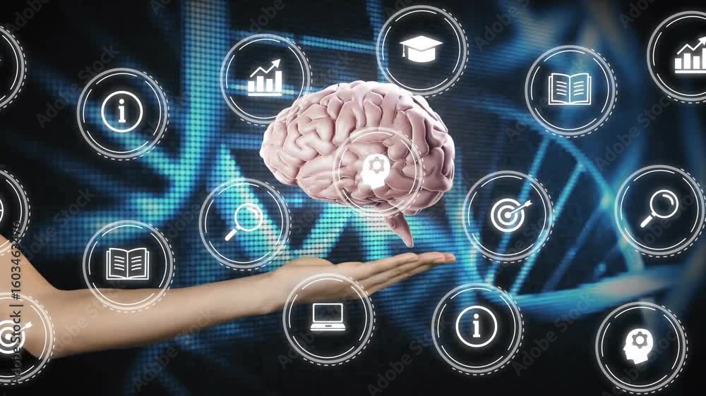 Poster pulsing icons driving hand into forming rotating 3d brain hologram for interface demo