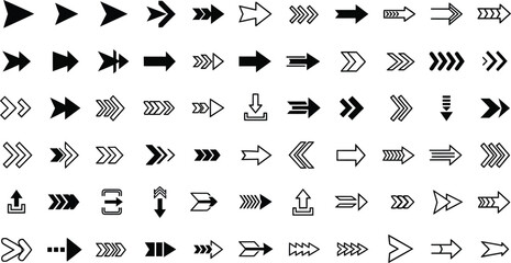 Vector art of a diverse set of arrow icons isolated on white background, representing direction, navigation, and user interface actions in both filled and outlined styles