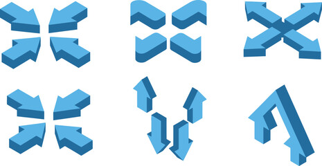 Vector art of a set of 3d isometric arrow icons isolated on white background, indicating direction, expansion, and contraction in a user interface
