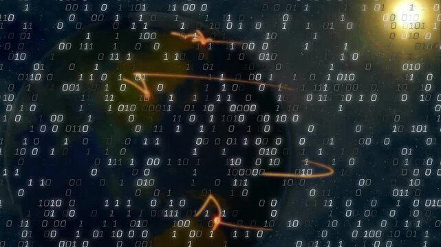 On binary drift, planet under star displaying orbital trails and code overlay representing network