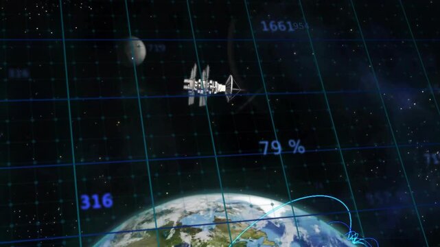 Satellite receding above globe causing new arcs and zooming dish icons for network visualization
