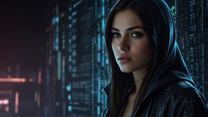 Portrait of a woman in a hoodie with a digital background and futuristic city lights behind her