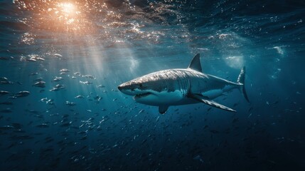Fototapeta premium Great white shark in ocean depths. Sunlight rays penetrate water