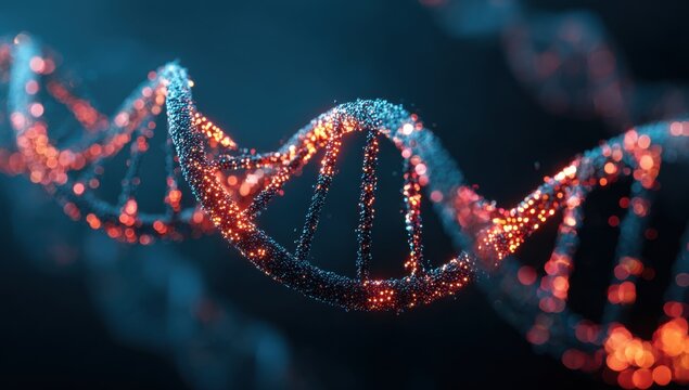 Abstract glowing helix structure against a dark backdrop evokes a sense of scientific discovery and technological advancement in genetic engineering.