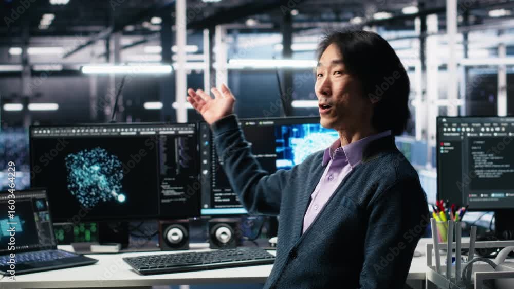 Aufkleber data center admin waving hand, filming presentation tour, showcasing mainframes and ai technology. u
