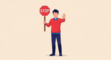 A man in a red sweater and blue pants holds a red stop sign and raises his hand in a halting gesture
