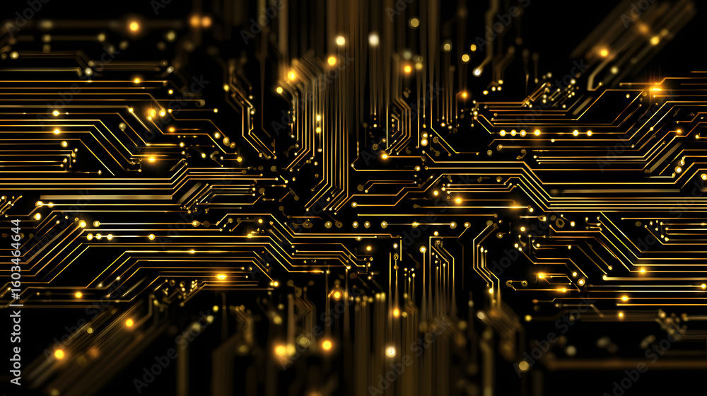 Poster abstract electronics technology background. golden circuit lines, computer motherboard elements on a