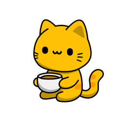 Vector illustration of a cartoon cat sitting enjoying a cup of coffee, cat icon, cat sticker, great as logo and design.