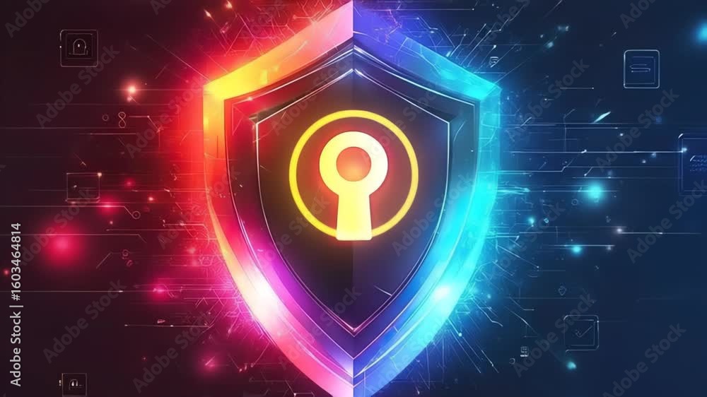 Poster digital shield with keyhole symbol and neon glow effect in cyber security theme with a red and blue 