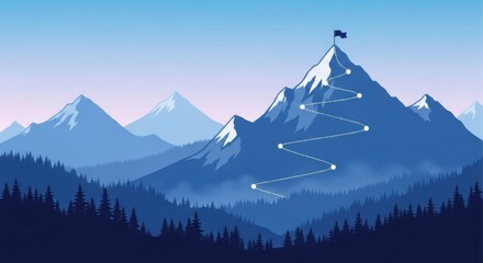 A winding dotted path leads to the summit of a snowcapped mountain topped with a flag symbolizing achievement and adventure