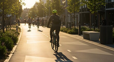 Riding into the Sun: A cyclist pedaling confidently along a dedicated bike lane, surrounded by other people enjoying the sunshine, and greenery.