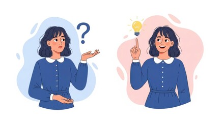 A woman transitions from confusion with a question mark to having a bright idea represented by a lightbulb