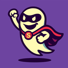 A confident ghost in a superhero costume soars through the air with a bold grin, its cape flowing against a flat-colored background.