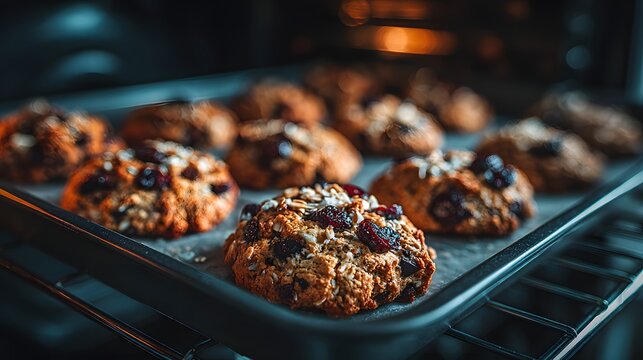 Freshly baked cookies on a baking sheet in the oven.