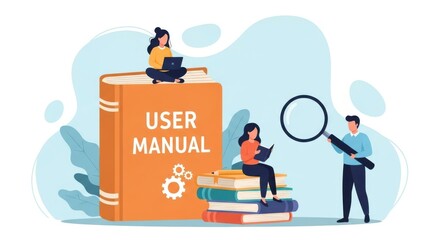 People interacting with a large user manual book one person using a laptop on top and another using a magnifying glass to examine information