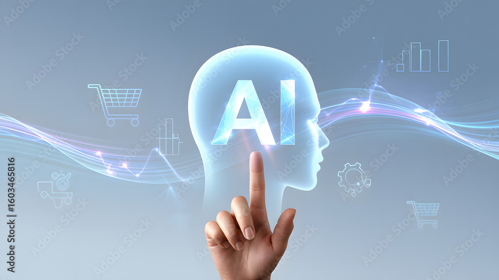 Poster empowering ai solutions with a touch, visualizing artificial intelligence impact on business, offeri