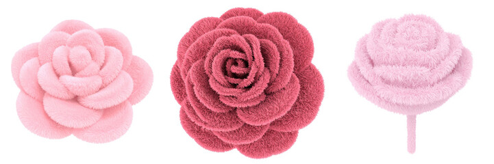Three Dimensional Fluffy Roses In Various Shades Of Pink And Red Against Transparent Background