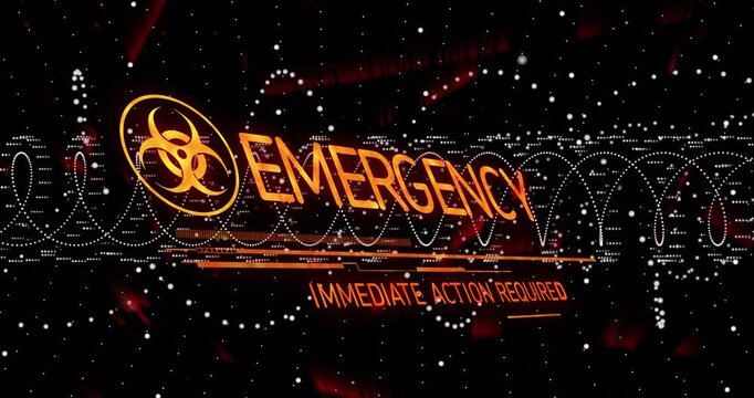 Helix pulsing causing rotation of biohazard icon, fading EBK to EMERGENCY showing ACTION REQUIRED