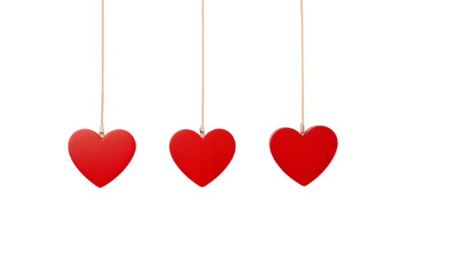 Three red hearts hanging from strings on a transparent background