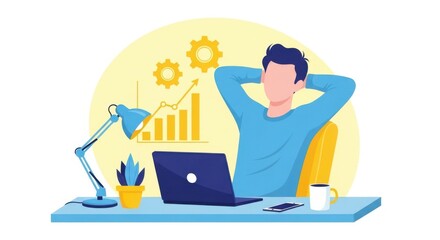 A man relaxes at his desk with a laptop a plant and a coffee mug while a growth chart and gears are visible in the background