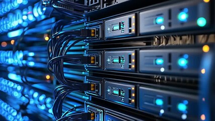 Close-up view of a data server rack filled with illuminated components and cables in a tech environment - Powered by Adobe