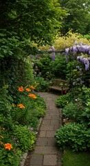 Fototapeta premium Lush garden path lined with vibrant flowers and greenery