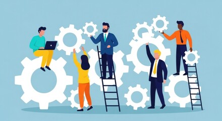 A diverse team of professionals works together to assemble gears symbolizing business collaboration and project success