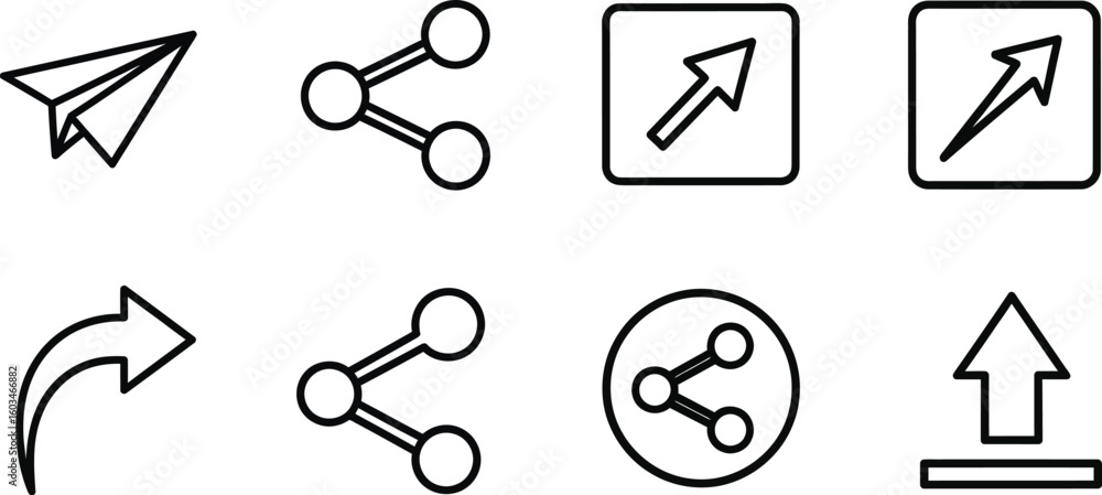 Poster vector art of a set of share and upload icons isolated on white background, representing various met