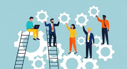 Diverse team of professionals working together with gears and ladders to achieve business goals