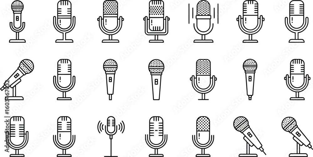 Poster vector art of a diverse collection of microphone icons isolated on white background, showcasing vari