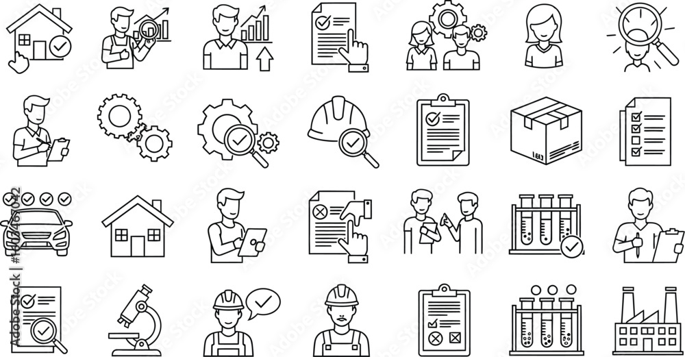 Poster vector art of a comprehensive set of quality control icons isolated on white background, representin