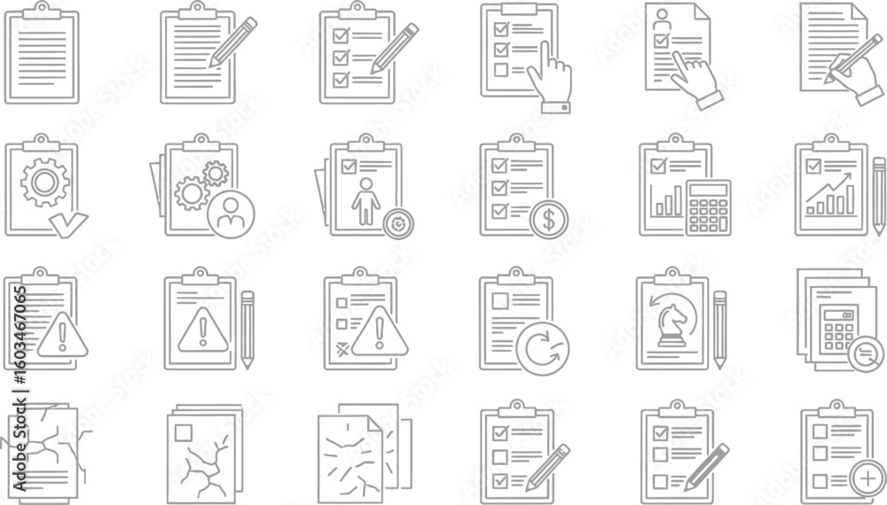 Poster vector art of a comprehensive set of clipboard icons isolated on white background, representing vari