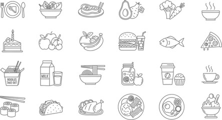 Fototapeta premium Vector art of a set of line art icons representing various food and drink items