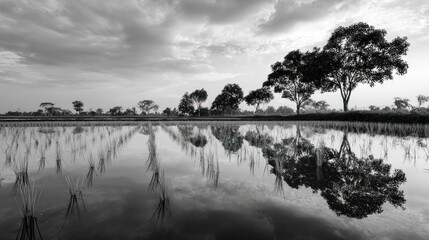 Monochrome landscape showcasing a reflective paddy field under a cloudy sky at dusk