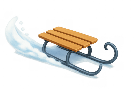 Wooden vintage sled sliding across pristine snowy surface, winter recreation concept against isolated white backdrop