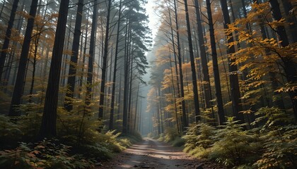 Obraz premium Serene Forest Path Surrounded by Tall Trees and Vibrant Autumn Colors, Inviting Peaceful Walks, Nature Exploration, and Seasonal Adventure in a Tranquil Woodland