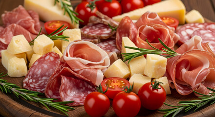 Assorted Italian Charcuterie Board with Cured Meats, Cheeses, and Fresh Vegetables