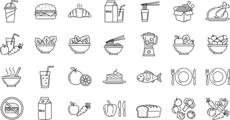 Vector art of a collection of food and drink icons isolated on white background showcases healthy meals, restaurant menus, and nutritional choices