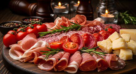Assorted Gourmet Charcuterie Board with Cured Meats, Cheeses, and Fresh Tomatoes on a Rustic Wooden Platter, Perfect for Entertaining and Special Occasions.