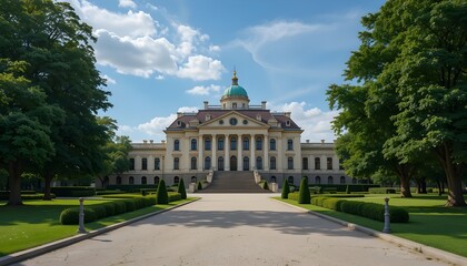 Elegant Palace in the Heart of a Lush Green Park, Surrounded by Trees, Manicured Gardens, and Historic Architecture — A Peaceful and Majestic Outdoor Setting

