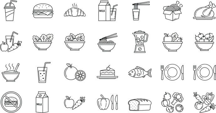 Vector art of a collection of food and drink icons isolated on white background showcases healthy meals, restaurant menus, and nutritional choices
