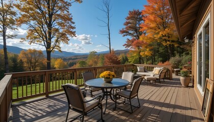 Patio Deck Terrace of Cozy Vacation House Overlooking Scenic Autumn Landscape with Colorful Foliage, Peaceful Retreat Surrounded by Fall Trees and Mountain Views

